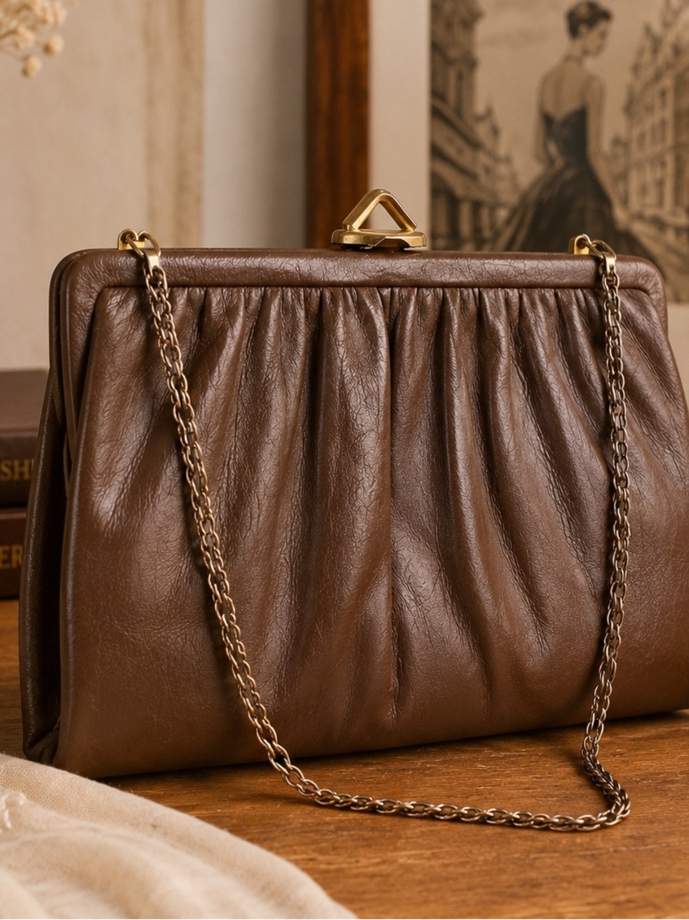 MARDANE Vintage 60s 70s Brown Frame Clutch Purse Chain Strap Made in the USA